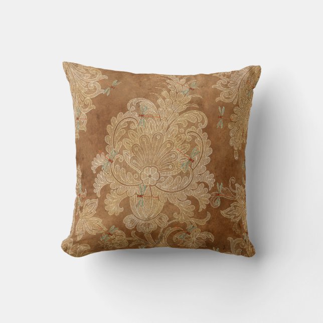Vintag Brown Damask Floral Aquamarine Libellen Kissen (Vorderseite)