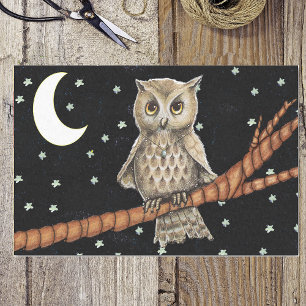 Vintag Brown Owl Necklass Crescent Moon Stars Seidenpapier