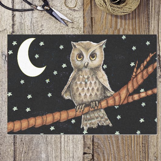 Vintag Brown Owl Necklass Crescent Moon Stars Seidenpapier