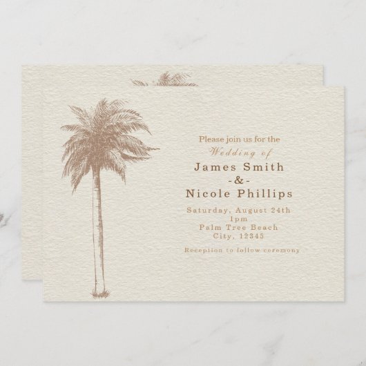 Vintag Brown Palm Tree Beach Hochzeitseinladungen Einladung (Vorne/Hinten)