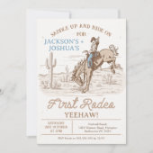 Vintag Brown Twins First Rodeo 1. Geburtstag Einladung (Vorderseite)