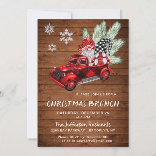 Vintag Buffalo Red Truck Gnomes Weihnachtsbrunch Einladung (Vorderseite)