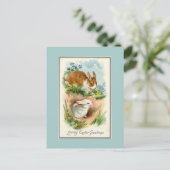 Vintag Bunnies Love Osterblauer Postkarte (Stehend Vorderseite)