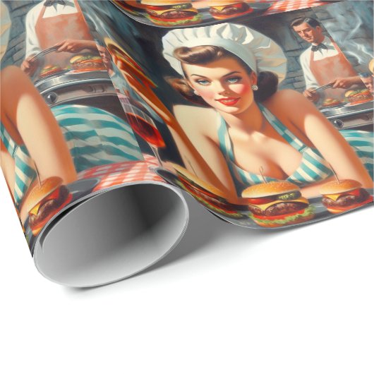 Vintag Burger GRILLEN Woman Geschenkpapier (Rolleneckpunkt)