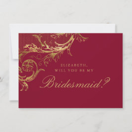Vintag Burgundy Gold Damasky Script Bridesmaid Einladung