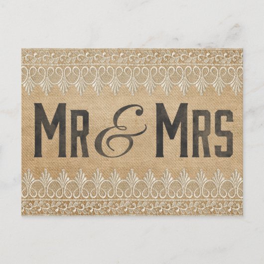 Vintag Burlap Mr & Mrs Postcard Postkarte (Vorderseite)