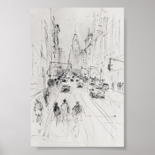 Vintag Busy City Street - Städtische Illustration Poster