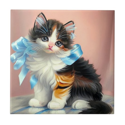 Vintag Calico Kitten Illustration Fliese (Vorderseite)