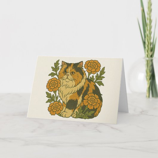 Vintag Calico Kitty Cat Marigold Blume Karte (Vorderseite)