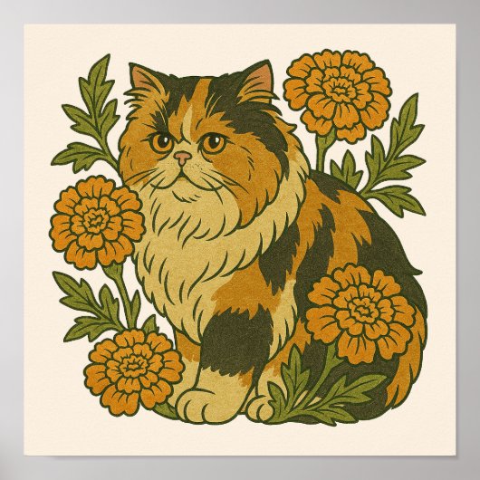 Vintag Calico Kitty Cat Marigold Blume Poster (Vorne)