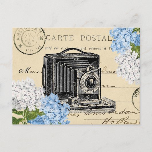 Vintag Camera Blue Blume Französische Postkarte (Vorderseite)