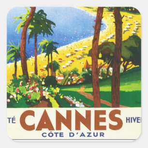Vintag Cannes Cote D'Azur French Travel Poster Quadratischer Aufkleber