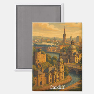 Vintag Cardiff Wales UK Retro Art Magnet