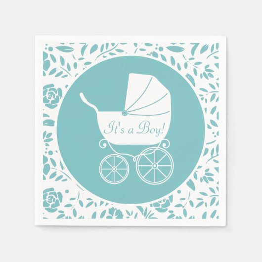 Vintag Carriage Baby Dusche Niedlich Blue Boy Serviette (Vorderseite)