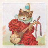 Vintag Cat Clown Anzug Mandoline spielen Glasuntersetzer (Vorderseite)