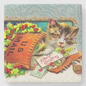 Vintag Cat Frohe Weihnachten Steinuntersetzer (Vorderseite)