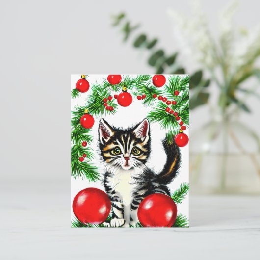 Vintag Cat Kitten Weihnachtskarte Feiertagskarte (Stehend Vorderseite)