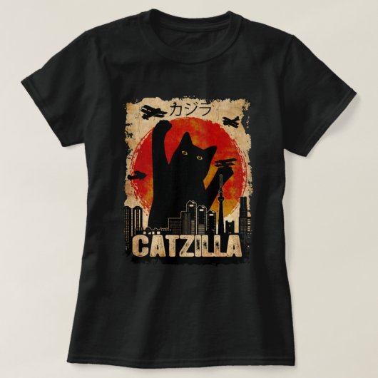 Vintag Catzilla Funny Black Cat T-Shirt (Design vorne)