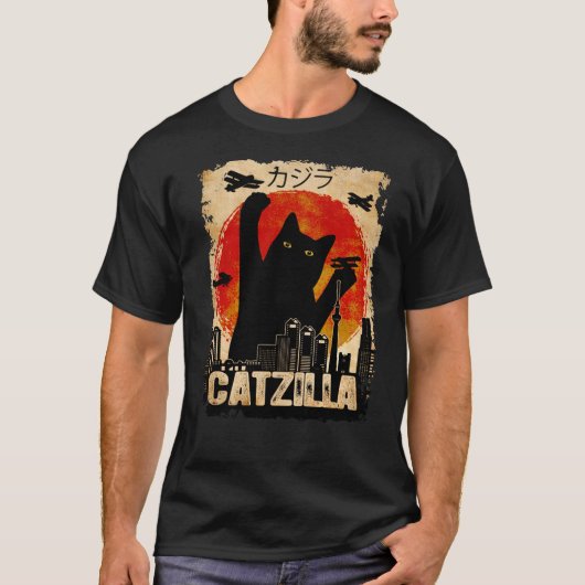 Vintag Catzilla Funny Black Cat T - Shirt Premium (Vorderseite)