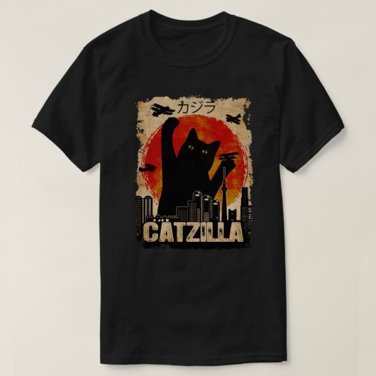 Vintag Catzilla Funny Black Cat T - Shirt Premium (Design vorne)