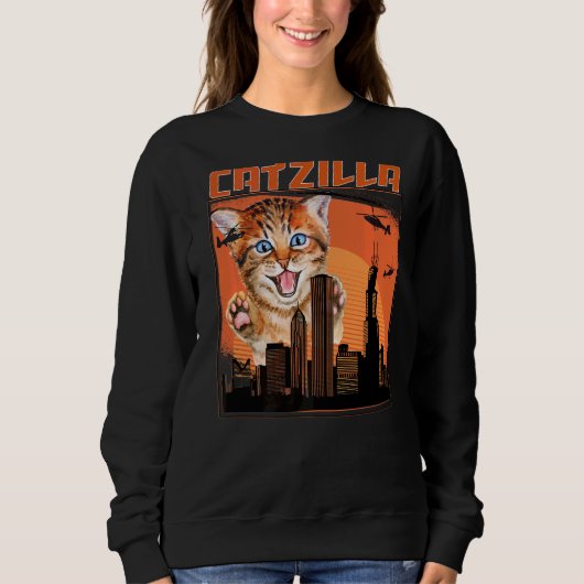 Vintag Catzilla Niedlich Kitten Immer Hunger Katze Sweatshirt (Vorderseite)