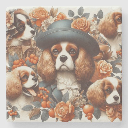 Vintag Cavalier King Charles Spaniel Painting Steinuntersetzer (Vorderseite)