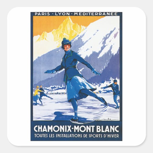 Vintag Chamonix - Mont Blanc Poster Quadratischer Aufkleber (Vorderseite)