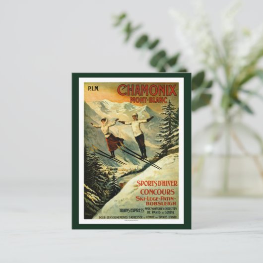 Vintag Chamonix Ski Postkarte (Stehend Vorderseite)