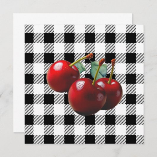 Vintag Cherries Schwarz-weiß Gingham Einladung (Vorne/Hinten)