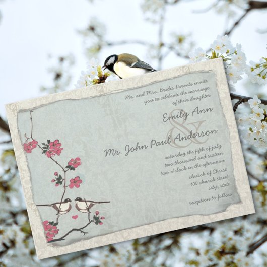 Vintag Cherry Blossom Chickadee Damask Hochzeit Einladung