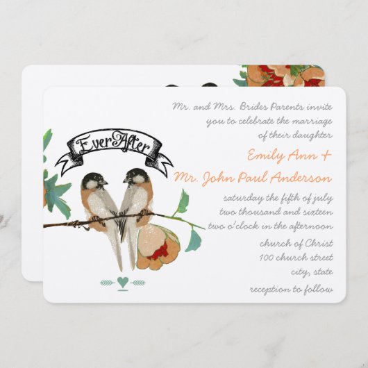 Vintag Cherry Blossom Love BIrd Peach Mint Einladung (Vorne/Hinten)