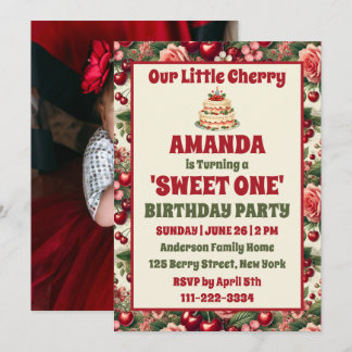 Vintag Cherry 'Sweet One' 1. Geburtstag Foto Einladung