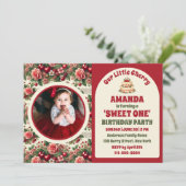 Vintag Cherry 'Sweet One' 1. Geburtstag Foto Einladung (Stehend Vorderseite)