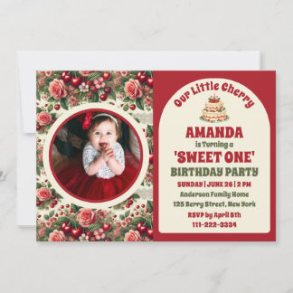 Vintag Cherry 'Sweet One' 1. Geburtstag Foto Einladung