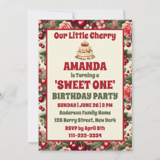 Vintag Cherry 'Sweet One' 1. Geburtstag Party Einladung