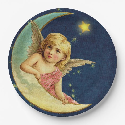 Vintag Cherub Celestial Moon Angel Baby Blue Pappteller (Vorderseite)