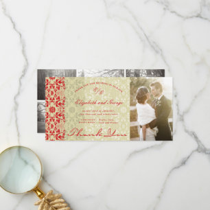 Vintag Chic Damask Lace Red & Taupe Foto Hochzeit Dankeskarte
