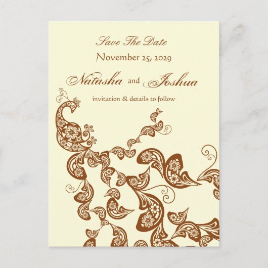 Vintag Chic Elegante Floral Peacock Save the Date Ankündigungspostkarte (Vorderseite)