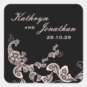 Vintag Chic Floral Pink Pfau Bohemische Hochzeit Quadratischer Aufkleber