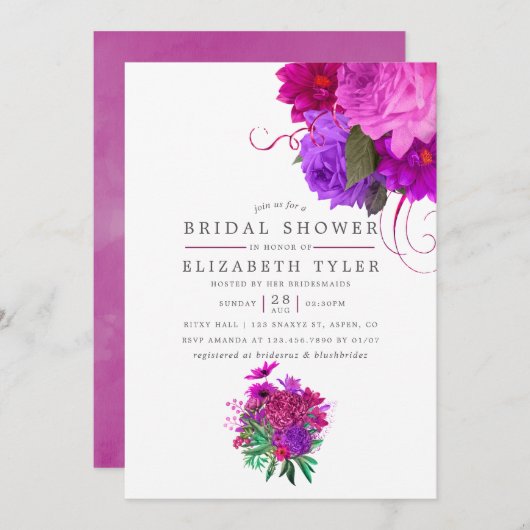 Vintag Chic Fuchsia und Lila Brautparty Einladung (Vorne/Hinten)