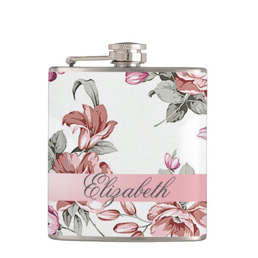 Vintag Chic Girly Blume Personalisiert Flachmann (Vorderseite)