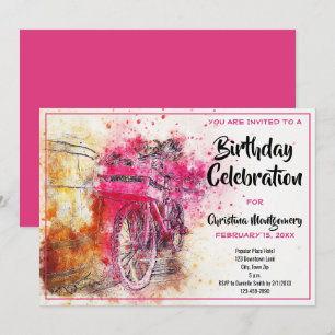 Vintag Chic Pink Wasserfarbe Fahrrad Geburtstag Einladung