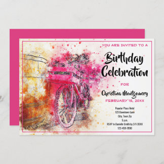 Vintag Chic Pink Wasserfarbe Fahrrad Geburtstag Einladung