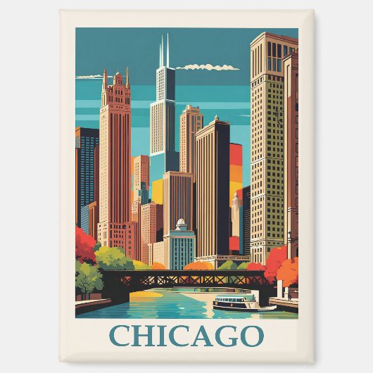 Vintag Chicago Illinois City Skyline Retro Travel Magnet (Vorderseite)