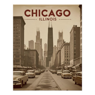 Vintag Chicago Illinois City Skyline Retro Travel Poster