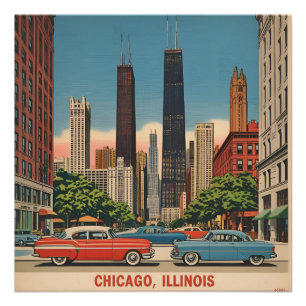 Vintag Chicago Illinois City Skyline Retro Travel Poster