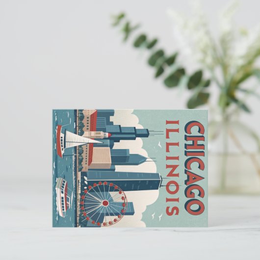 Vintag Chicago Illinois Skyline Postkarte (Stehend Vorderseite)