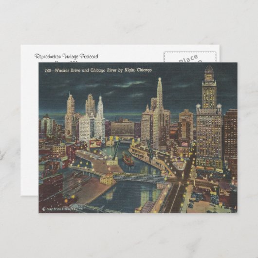 Vintag Chicago Night Skyline Postkarte (Vorne/Hinten)