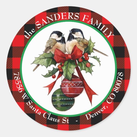 Vintag Chickadee Holly Weihnachtsfeier Rücksendead Runder Aufkleber (Vorderseite)