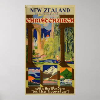 Vintag Christchurch New Zealand Travel Poster